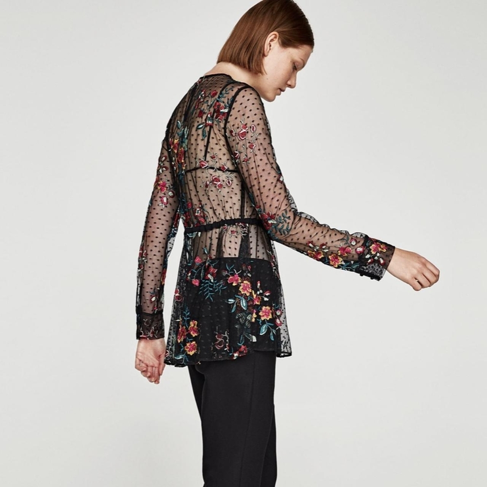 ZARA floral embroidered long sleeve top MED